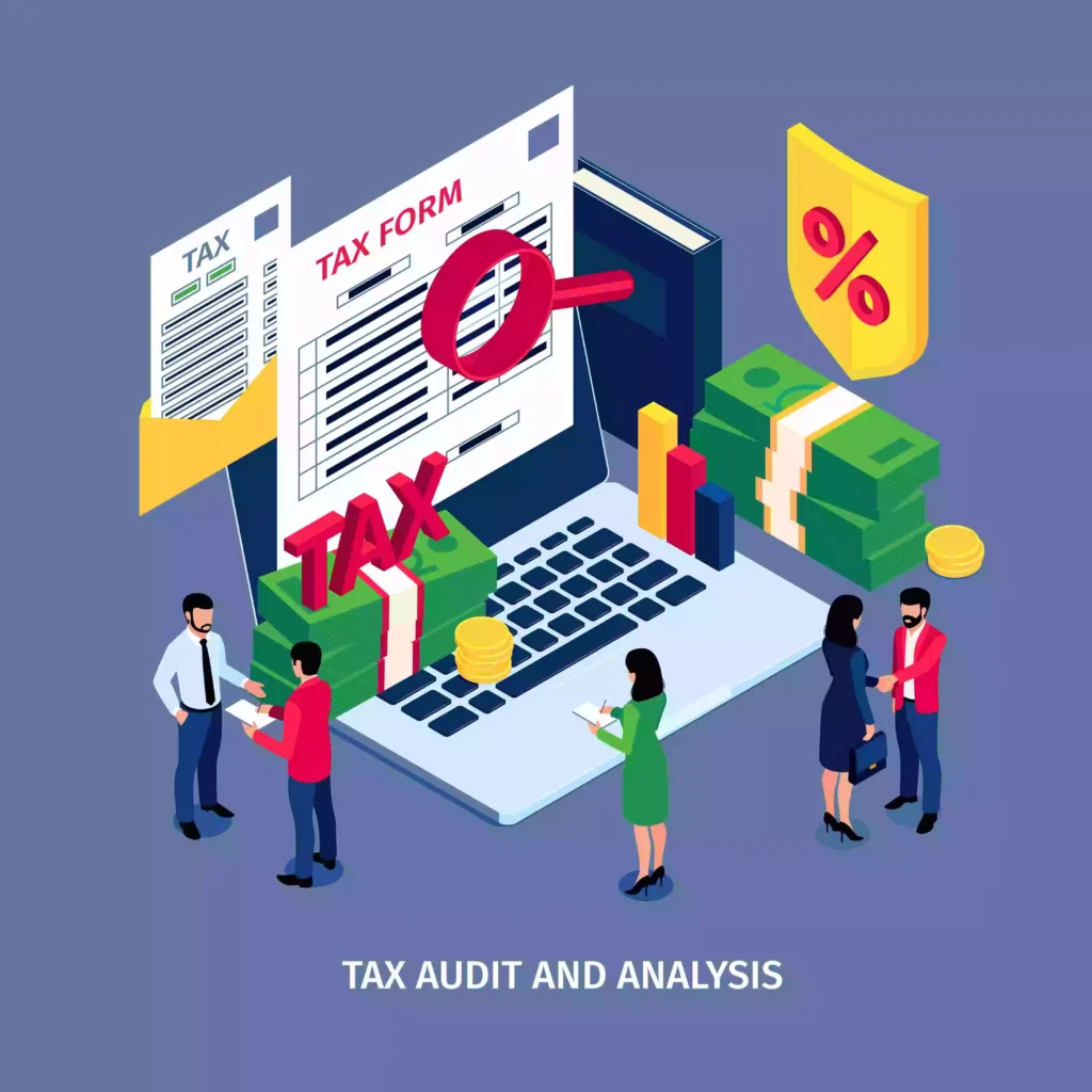 Illustration showing people discussing, a laptop displaying a tax form, stacks of cash, coins, and percentage symbol. Text at bottom reads "CORPORATE Tax Audit and Analysis